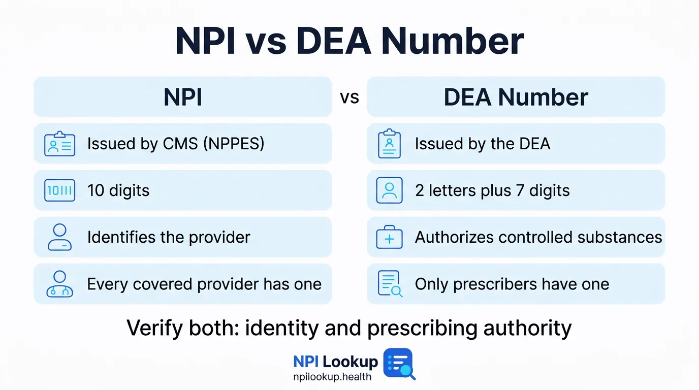 NPI vs DEA number compared: the NPI is a 10-digit CMS identifier every provider holds, while the DEA number is a two-letter, seven-digit code from the DEA that only controlled-substance prescribers carry.
